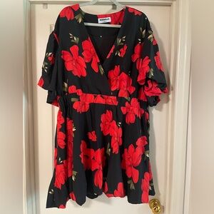 Rebdolls Abril Floral Print Mini Skater Dress Black and Red Size 2X